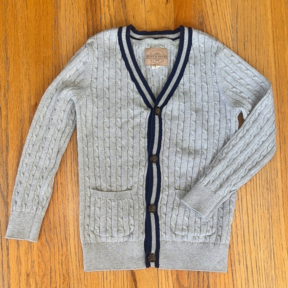 Kids Hope & Henry Gray Cardigan with Navy Trim